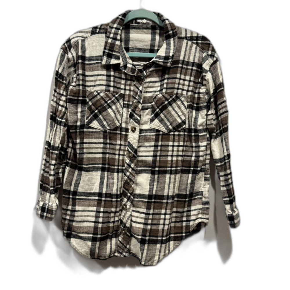 Maurices Top Plaid Flannel Button Front Shirt Brown Black 100% Cotton Women S